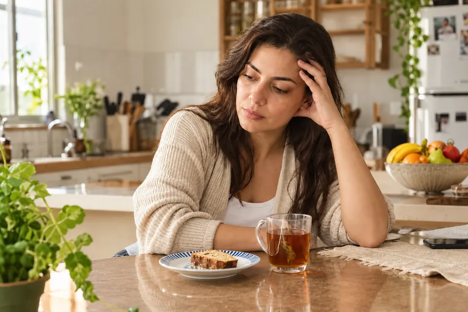 Cena ilustrativa de uma mulher fazendo uma pausa na cozinha com chá e um lanche