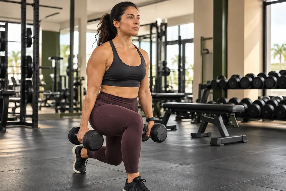 Cena ilustrativa de uma mulher treinando força com halteres em uma academia